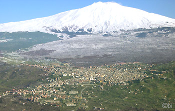 Bronte in Sicily, Italy. - The volcano Etna in the background
